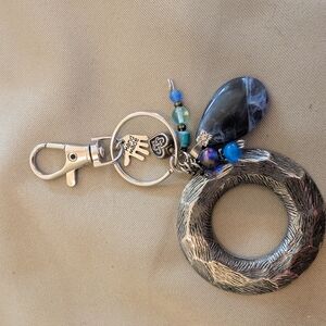 Upcycled Silver and Blue Keychain Bagclip with Beaded Accents